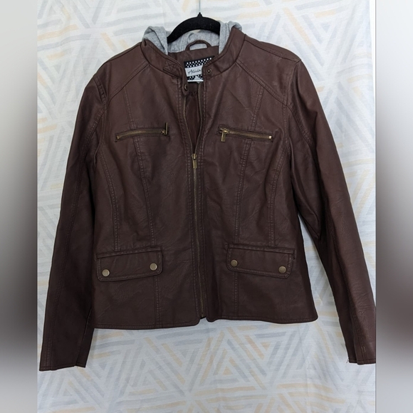 Alicia Ford Brown faux leather Moto  jacket with grey‎ Hoodie Size 1X Women - Picture 1 of 8